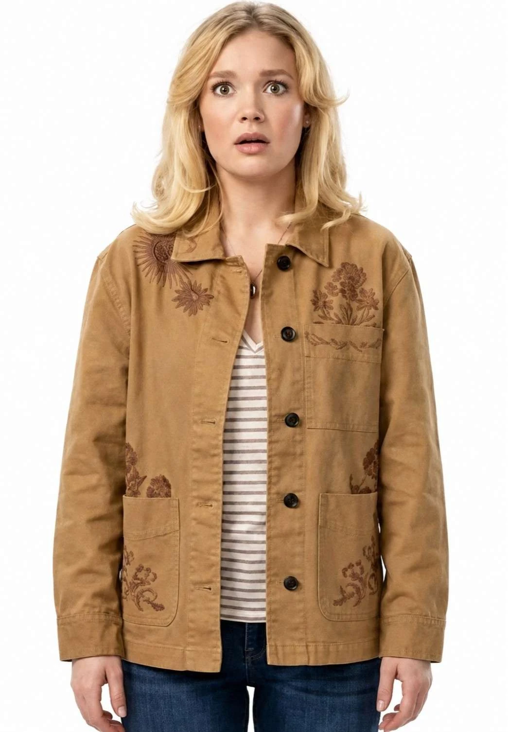 Amalia Williamson You’re Killing Me S01 Brown Embroidered Jacket Amalia Williamson wearing a brown embroidered jacket in You’re Killing Me S01