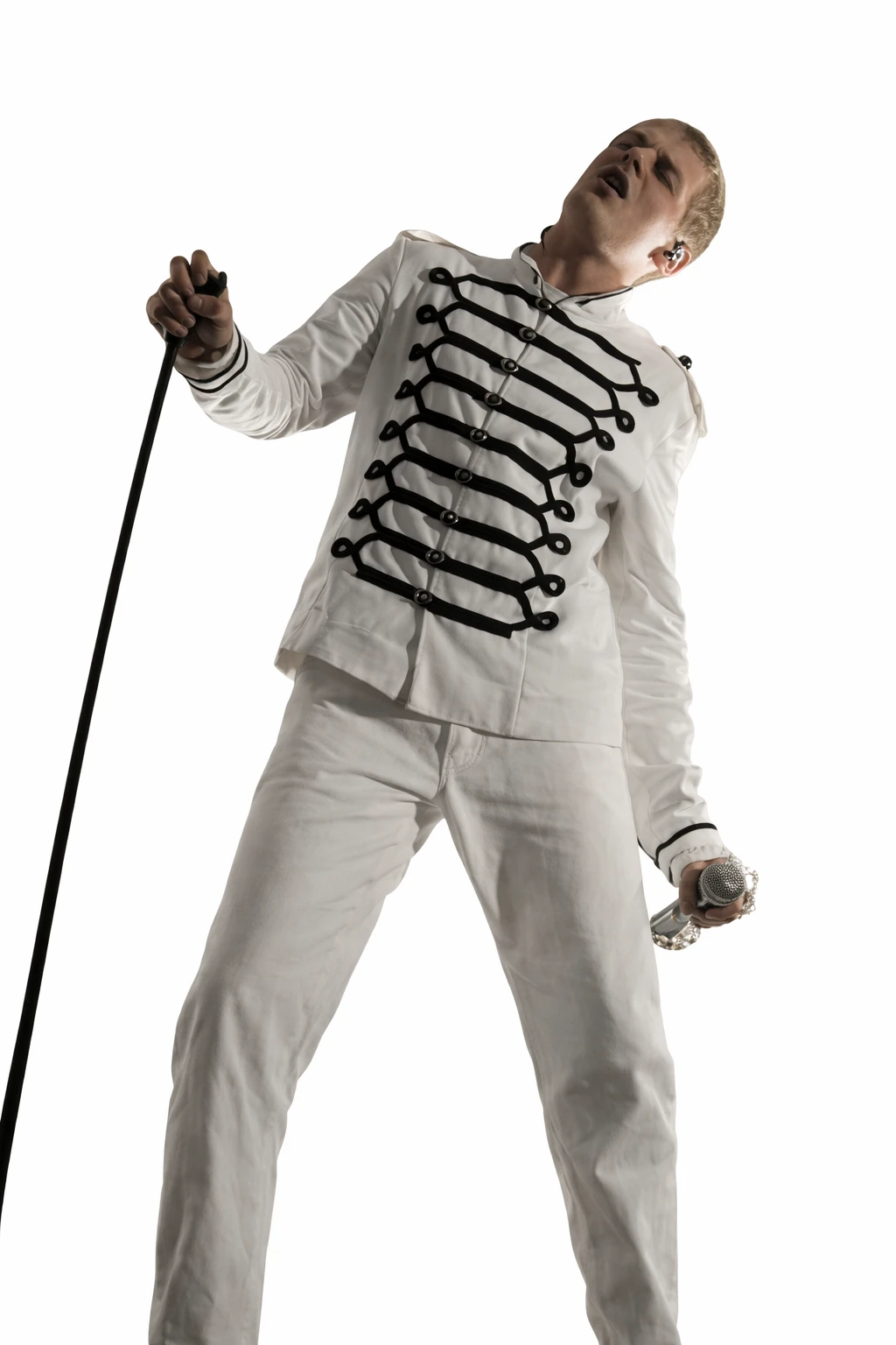 Yung Lean Stage Performance White Military Costume Jacket Yung Lean Jacket, Yung Lean Costume Jacket, Yung Lean White Jacket, Yung Lean Military Jacket, Yung Lean Stage Outfit, Yung Lean Concert Jacket, Yung Lean Performance Costume, White Military Jacket, Military Style Costume Jacket, Celebrity Inspired Jacket, Rapper Stage Jacket, Mens White Costume Jacket, Stand Collar Military Jacket, Black Loop Detail Jacket, Music Performance Outfit, Concert Fashion Jacket, Statement White Jacket, Trendy Stage Wear, Designer Military Jacket, Fashion Performance Coat