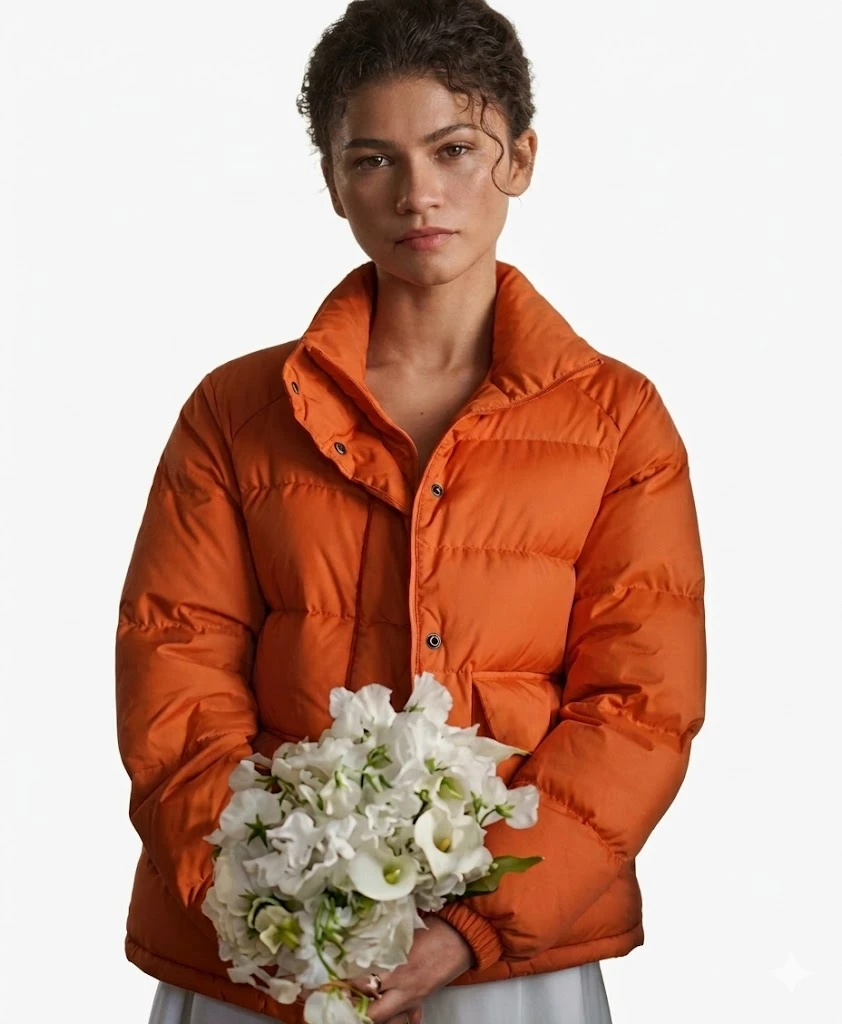 Zendaya The Drama 2026 Orange Puffer Jacket Stylish Winter Outfit
