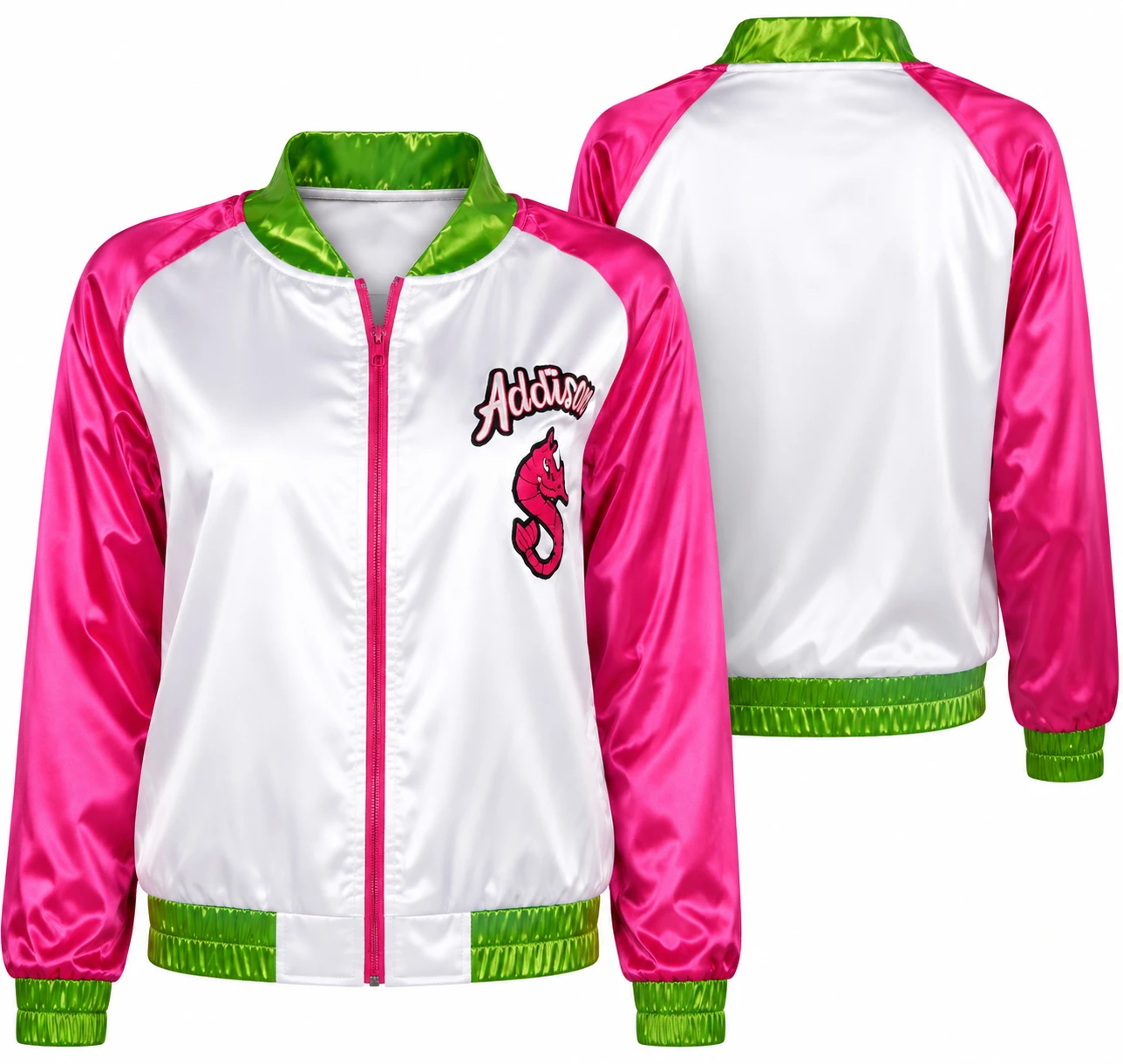 Back View Of Addison Pink Satin Bomber Jacket From Zombies 3