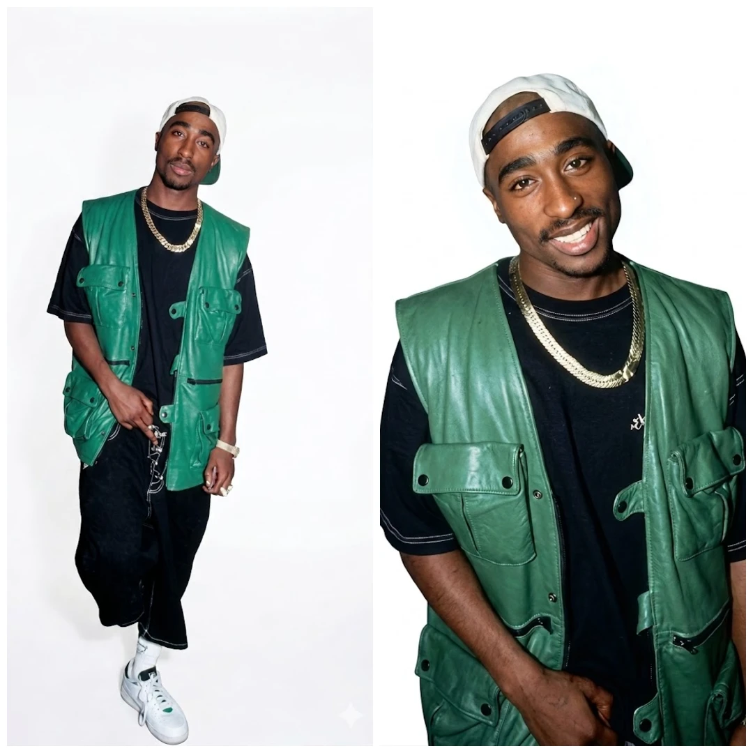 2Pac Green Leather Utility Vest By America Suits