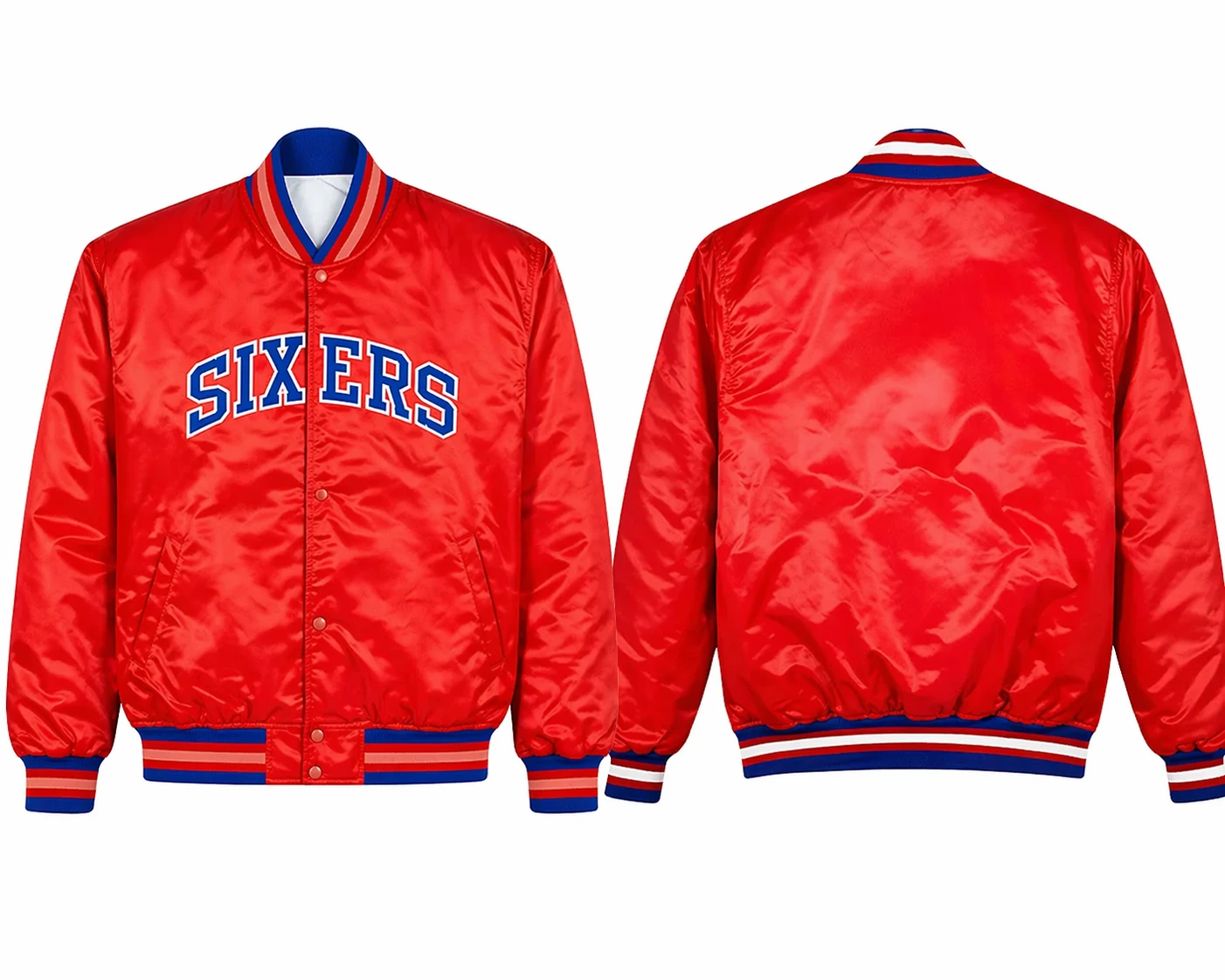 76ers Starter Bomber Jacket Front and Back View Red Satin Varsity Jacket