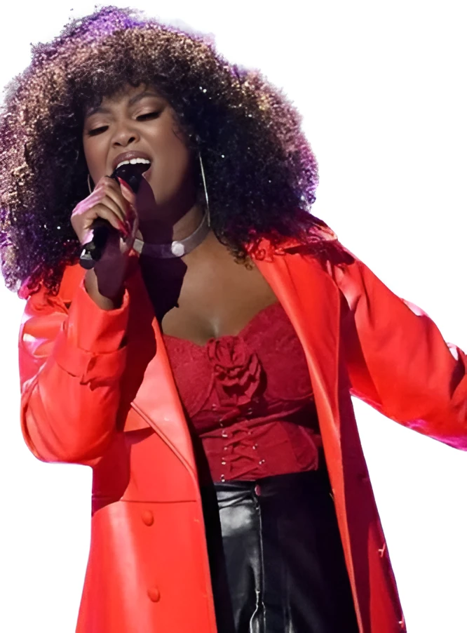 Alexia Jayy The Voice S29 Red Leather Coat Front View