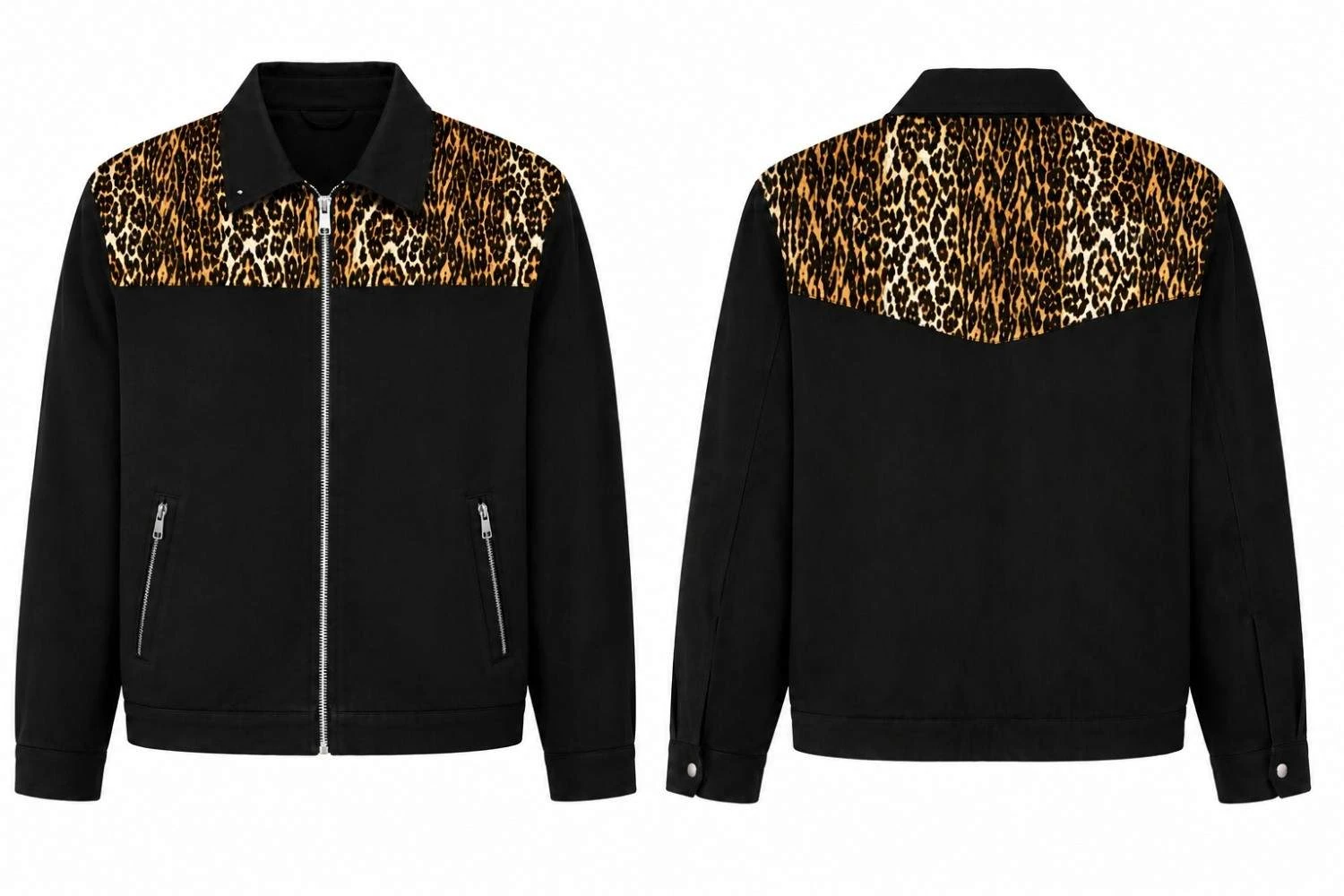 The Wrong Girls 2026 Alia Shawkat Leopard Print Black Cotton Jacket Front and Back View
