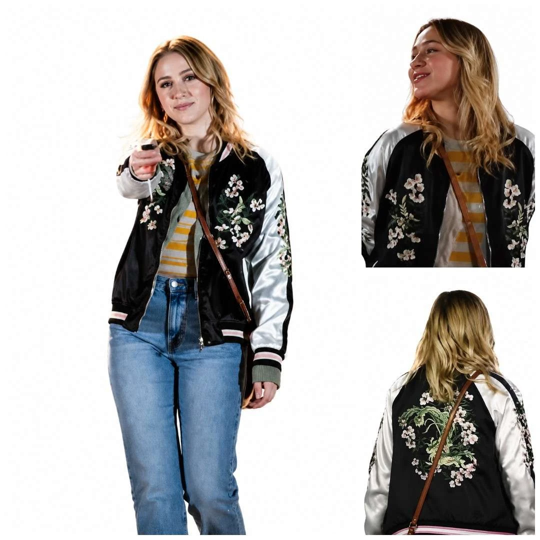 Maria Bakalova All Night Wrong 2026 Black White Satin Bomber Jacket Back View