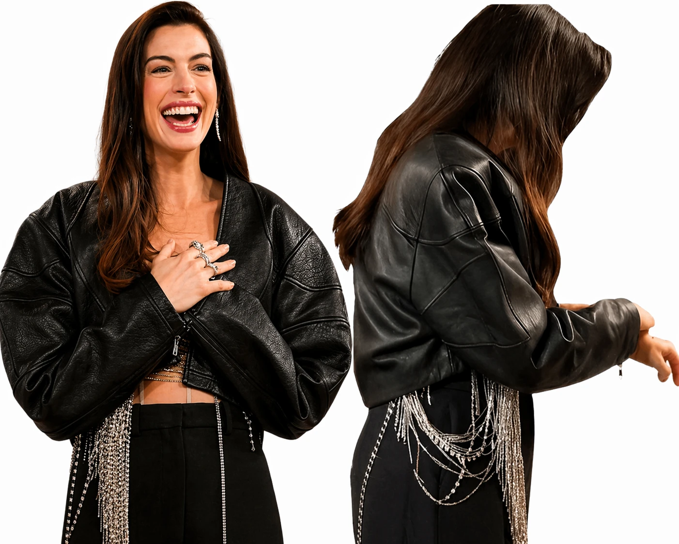 Anne Hathaway Drew Barrymore Show Cropped Jacket Black Leather Women Outfit