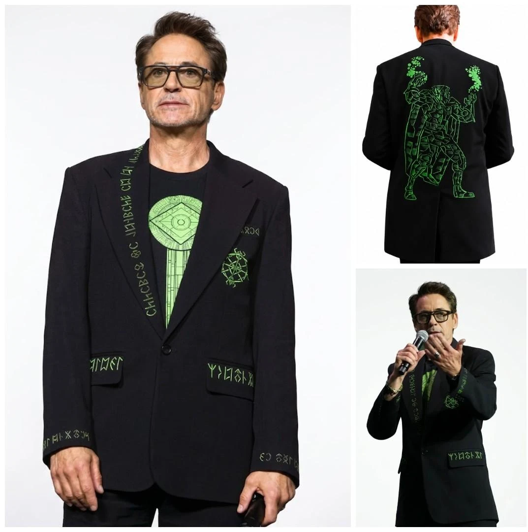 Robert Downey Jr Wearing Avengers Doomsday Black Printed Blazer