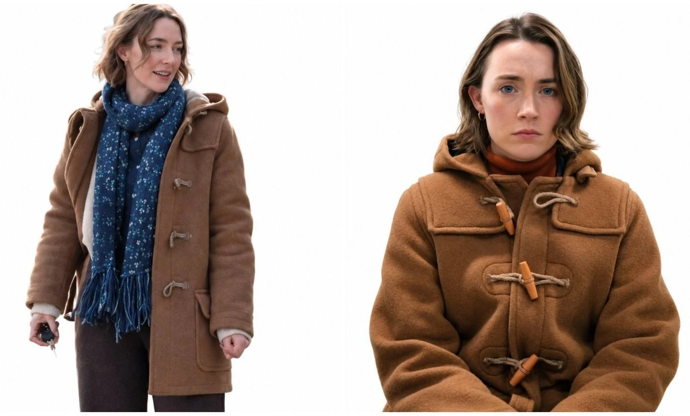 Brown wool duffle coat inspired by Saoirse Ronan’s look in Bad Apples, with a hood, toggle closures, and front pockets.