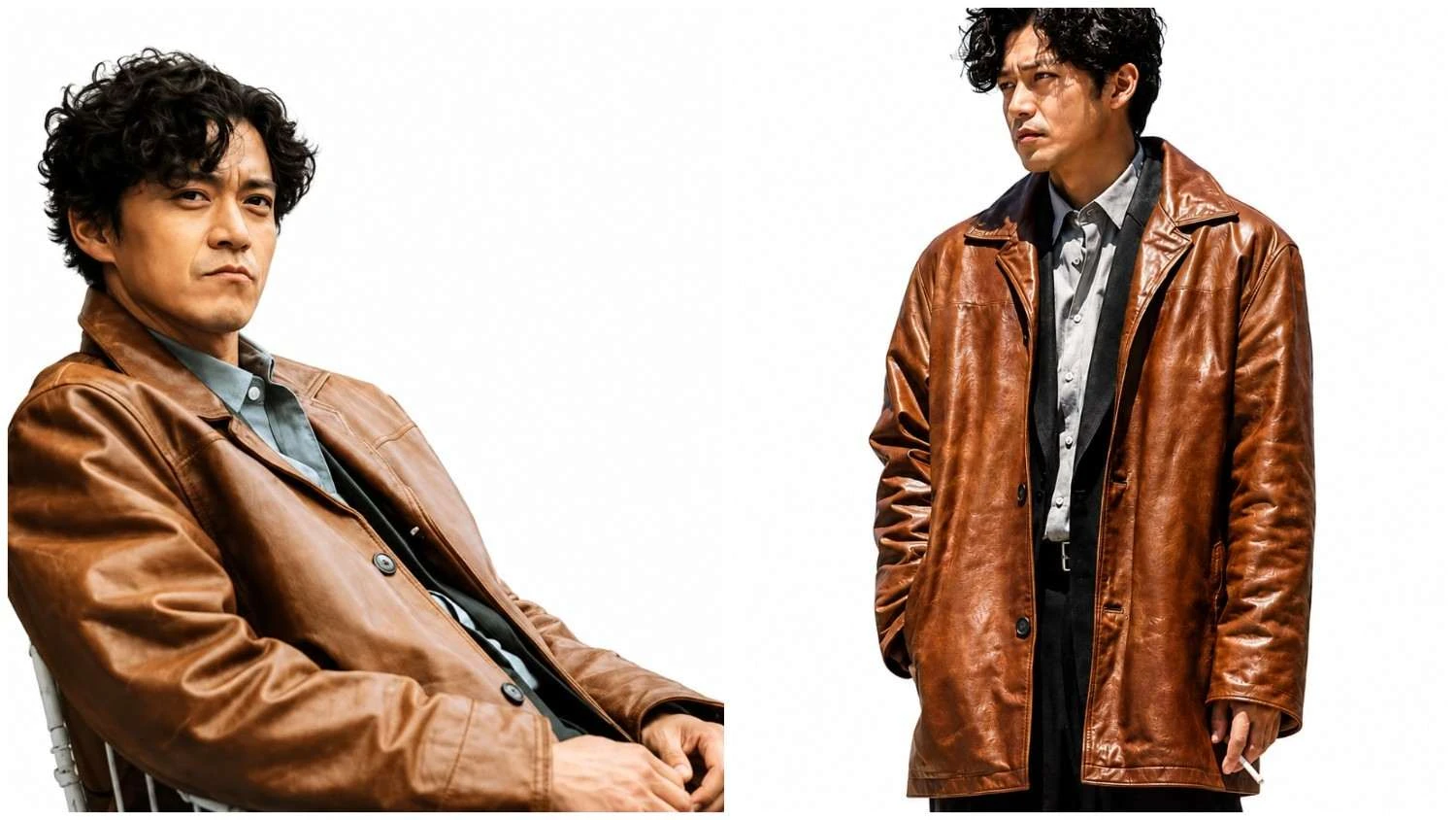 Shun Oguri wearing Bad Lieutenant Tokyo 2026 brown leather coat