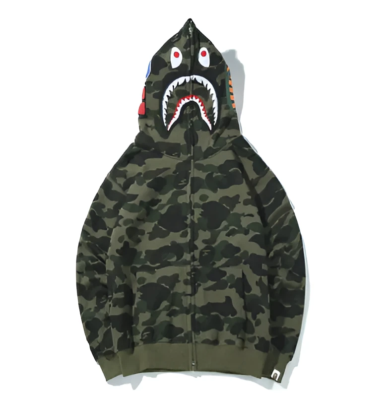 Bape A Bathing Ape shark camouflage hoodie green camo zip up streetwear hoodie for men and women