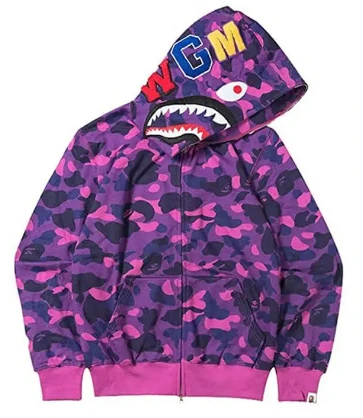 Bape ABC camo shark purple zip up hoodie streetwear fleece hoodie for men and women