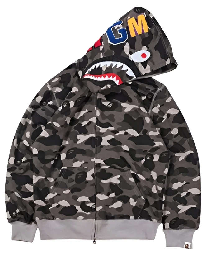 BAPE black grey camouflage shark hoodie zip up streetwear fleece hoodie