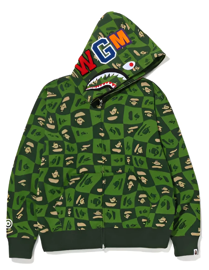 Green A Bathing Ape Bape shark hoodie checker camo zip up streetwear fleece hoodie for men and women