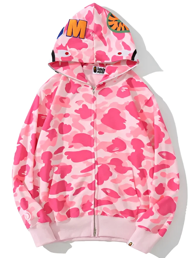Bape pink camouflage shark hoodie zip up streetwear fleece hoodie for men and women