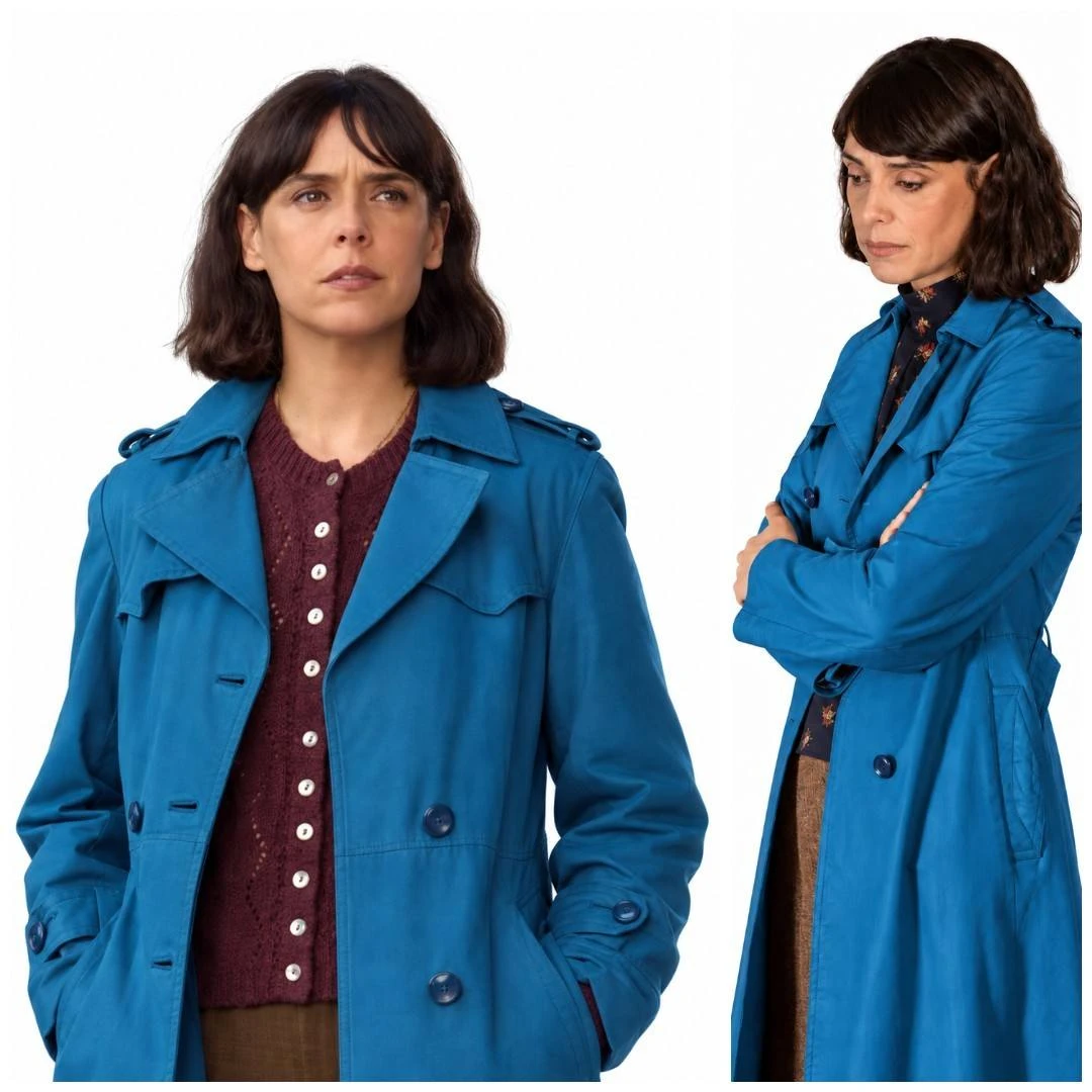 Belen Cuesta-inspired blue cotton coat from The Child 2026 on a white background