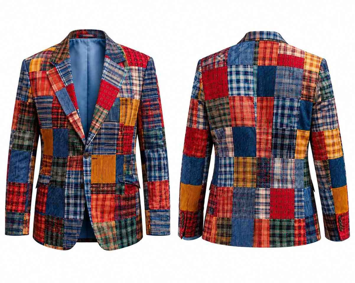 Bob Uecker Patchwork Blazer Multicolor Plaid Jacket Bob Uecker Patchwork Blazer Front Back Multicolor Plaid Design