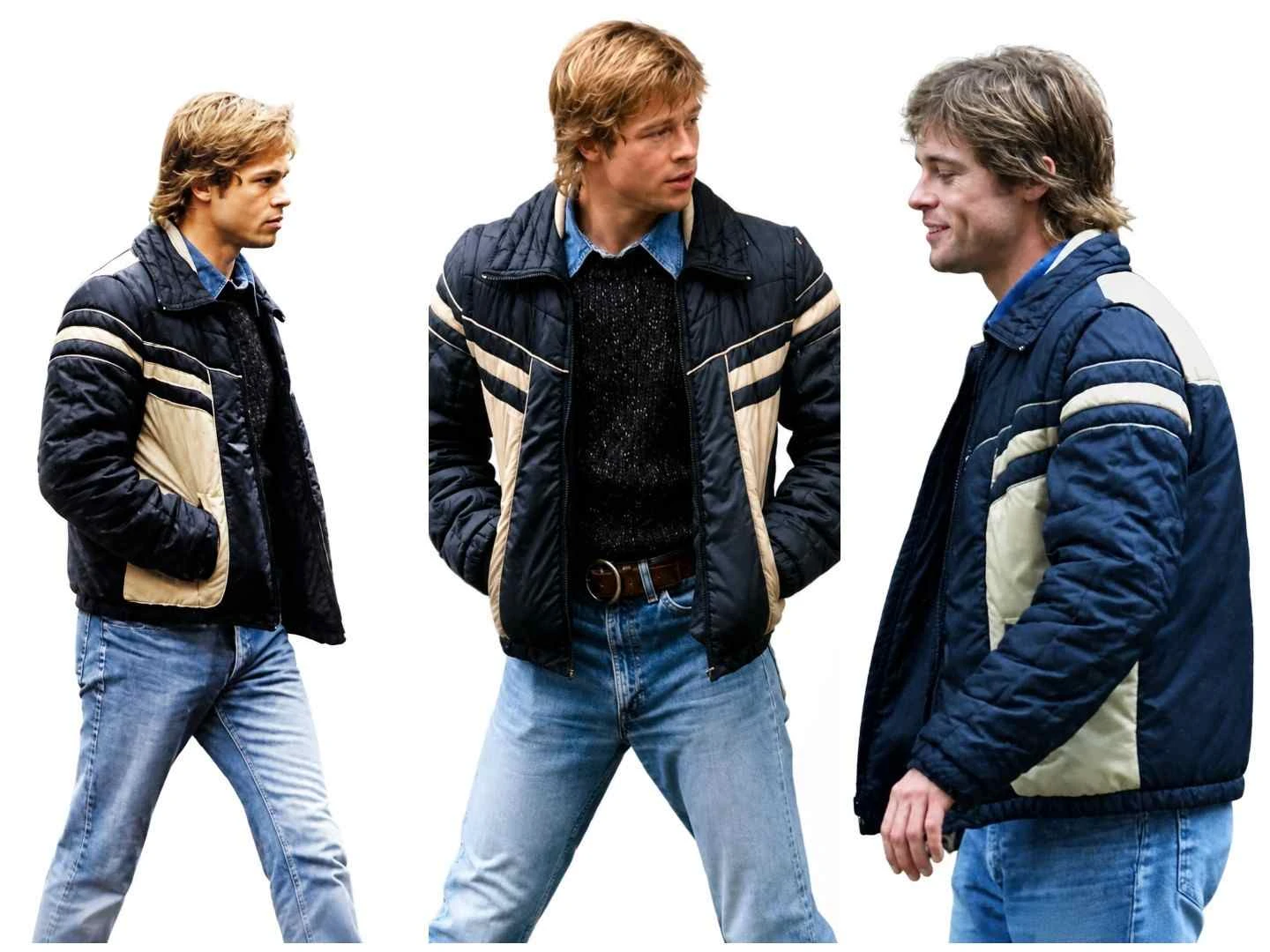 Brad Pitt Wearing Black and Cream Puffer Jacket