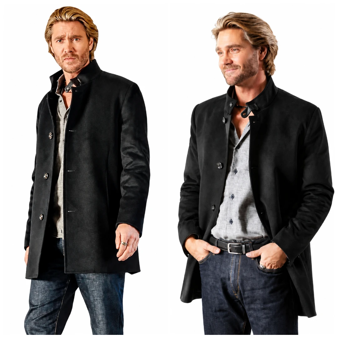Chad Michael Murray Sullivan's Crossing 2026 Black Wool Coat Front View