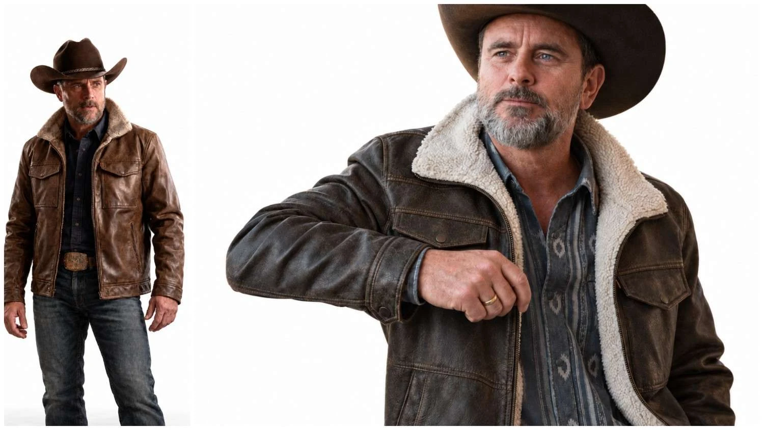 Close-up of the brown jacket with a shearling-style collar and two chest pockets