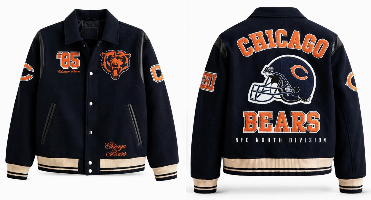 Chicago Bears 1985 Varsity Jacket Navy Blue and Orange Classic NFL Retro Jacket