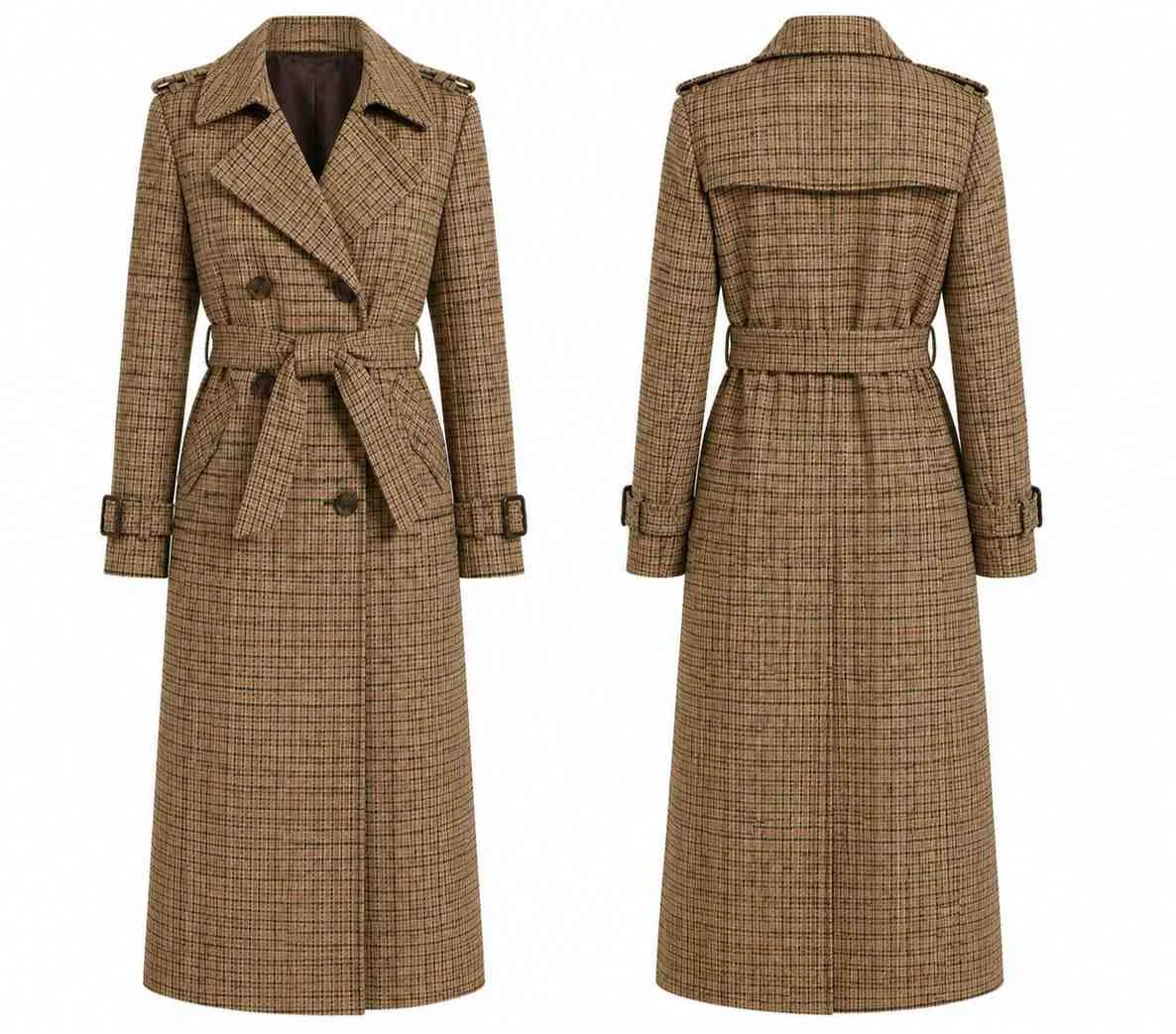 Claire Forlani Confinement 2026 Brown Plaid Trench Coat Back View