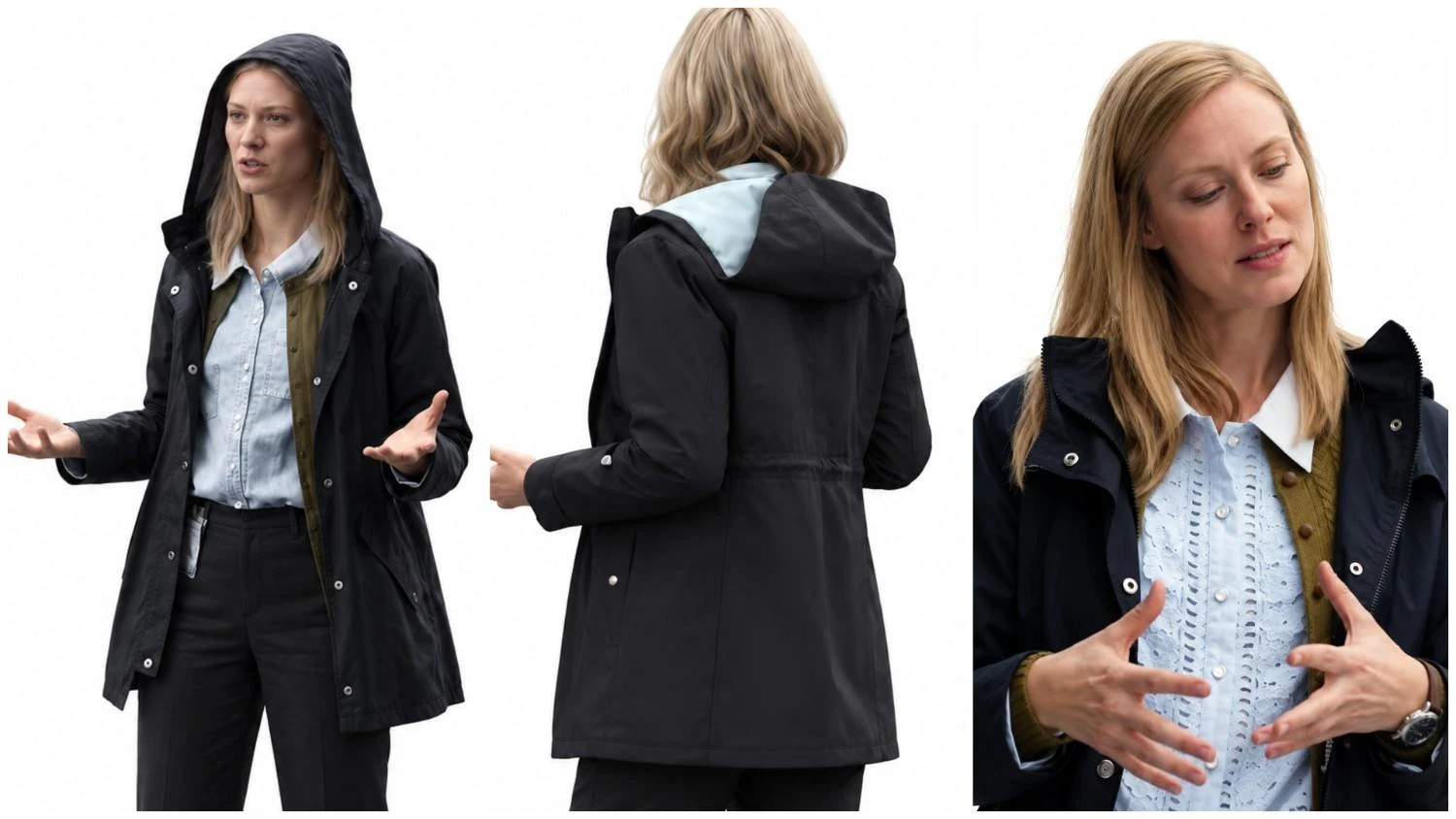 Deborah Ann Woll wearing a black hooded jacket in The Cycle 2026