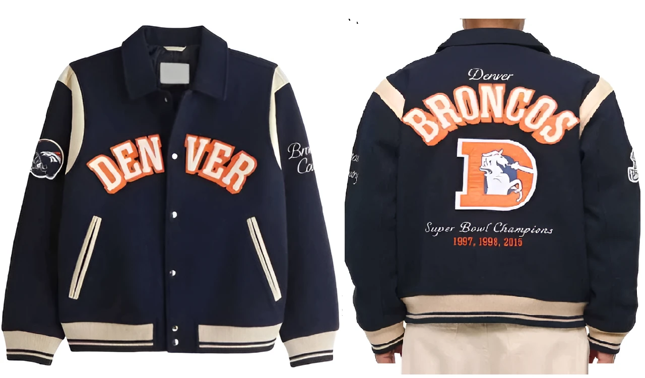 Denver Broncos varsity jacket blue orange wool blend football jacket