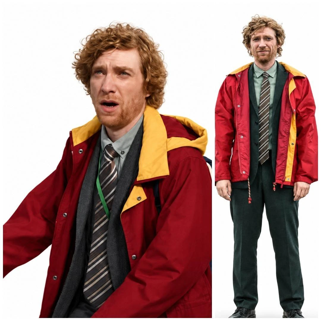 Domhnall Gleeson wearing red hooded jacket in The Incomer 2026