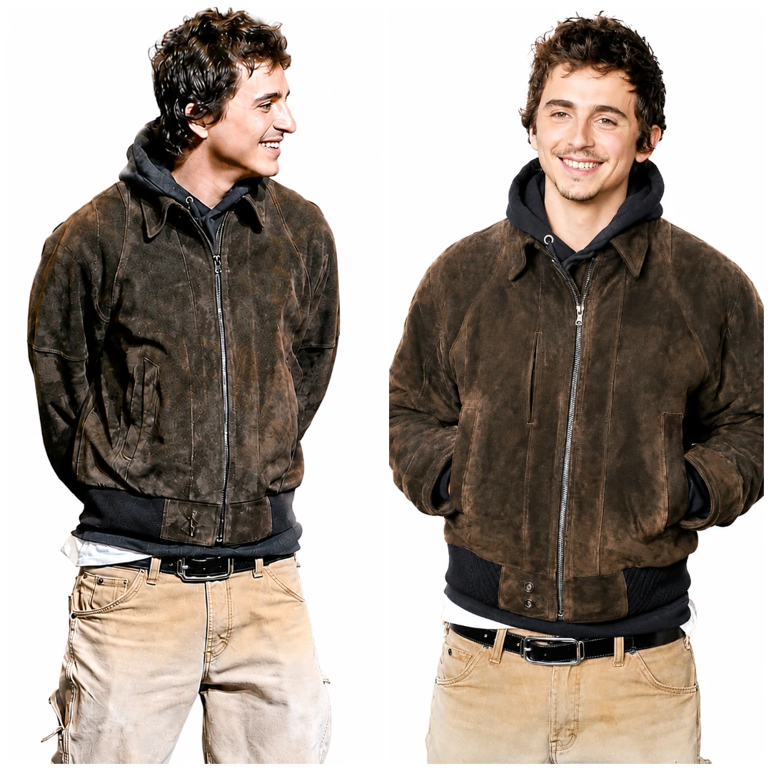 Timothée Chalamet wearing the Brown Suede Bomber Jacket from Dune: Part Three 2026