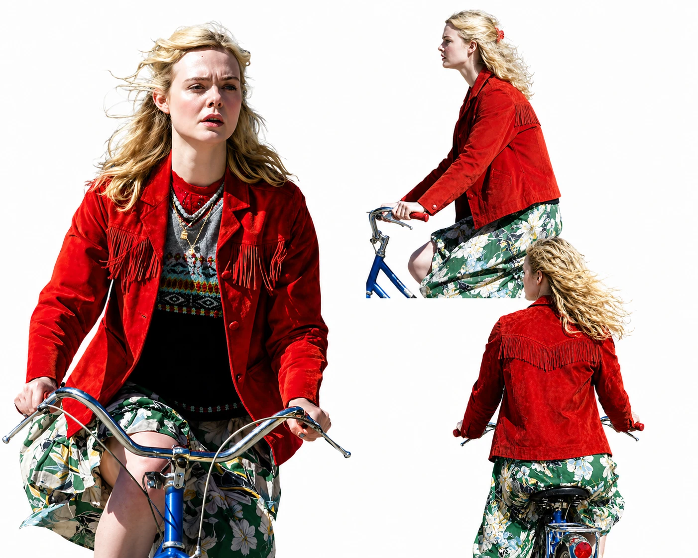 Elle Fanning wearing red fringe jacket in Margo’s Got Money Troubles 2026