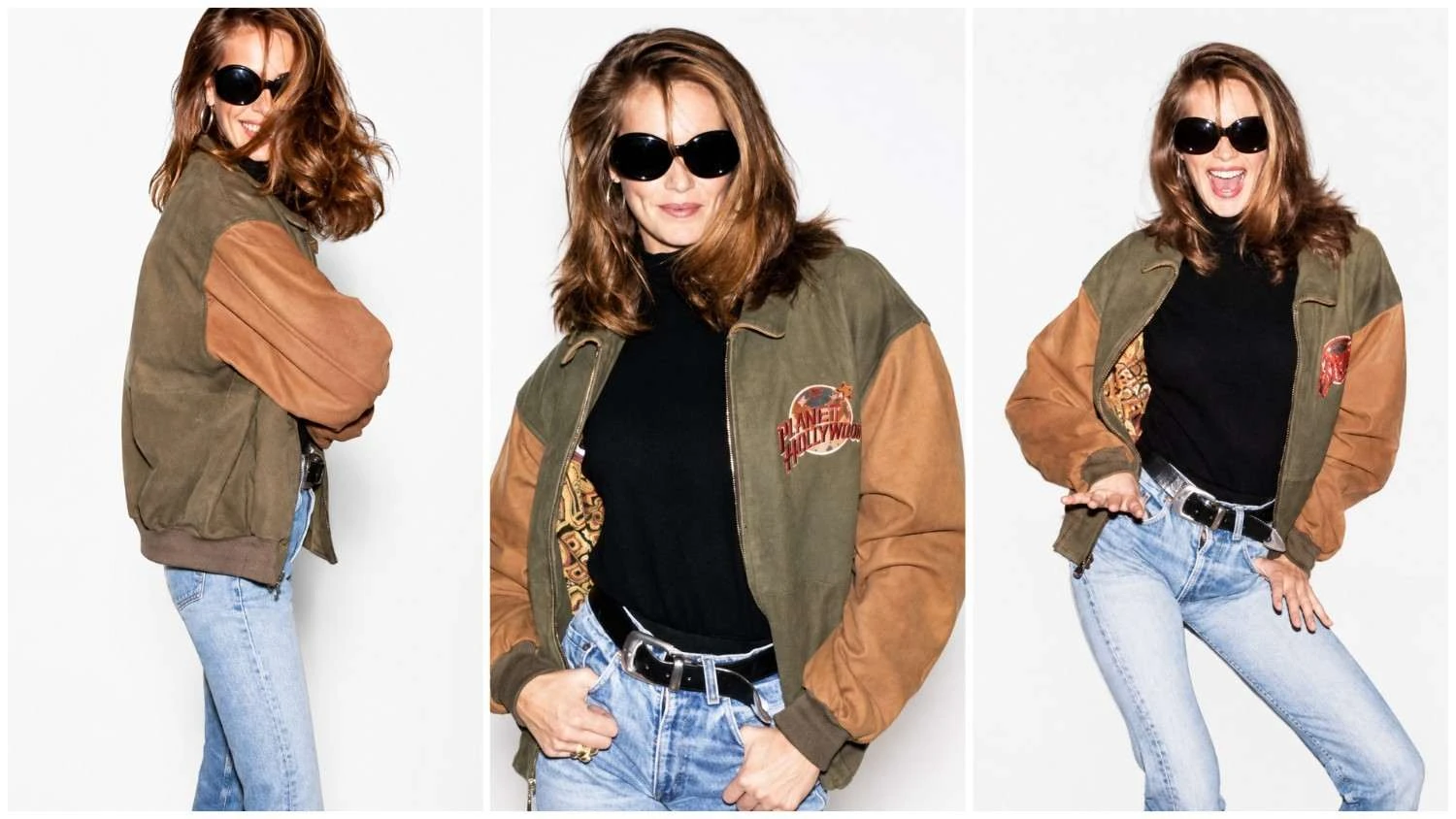 Elle Macpherson wearing Planet Hollywood olive green suede jacket