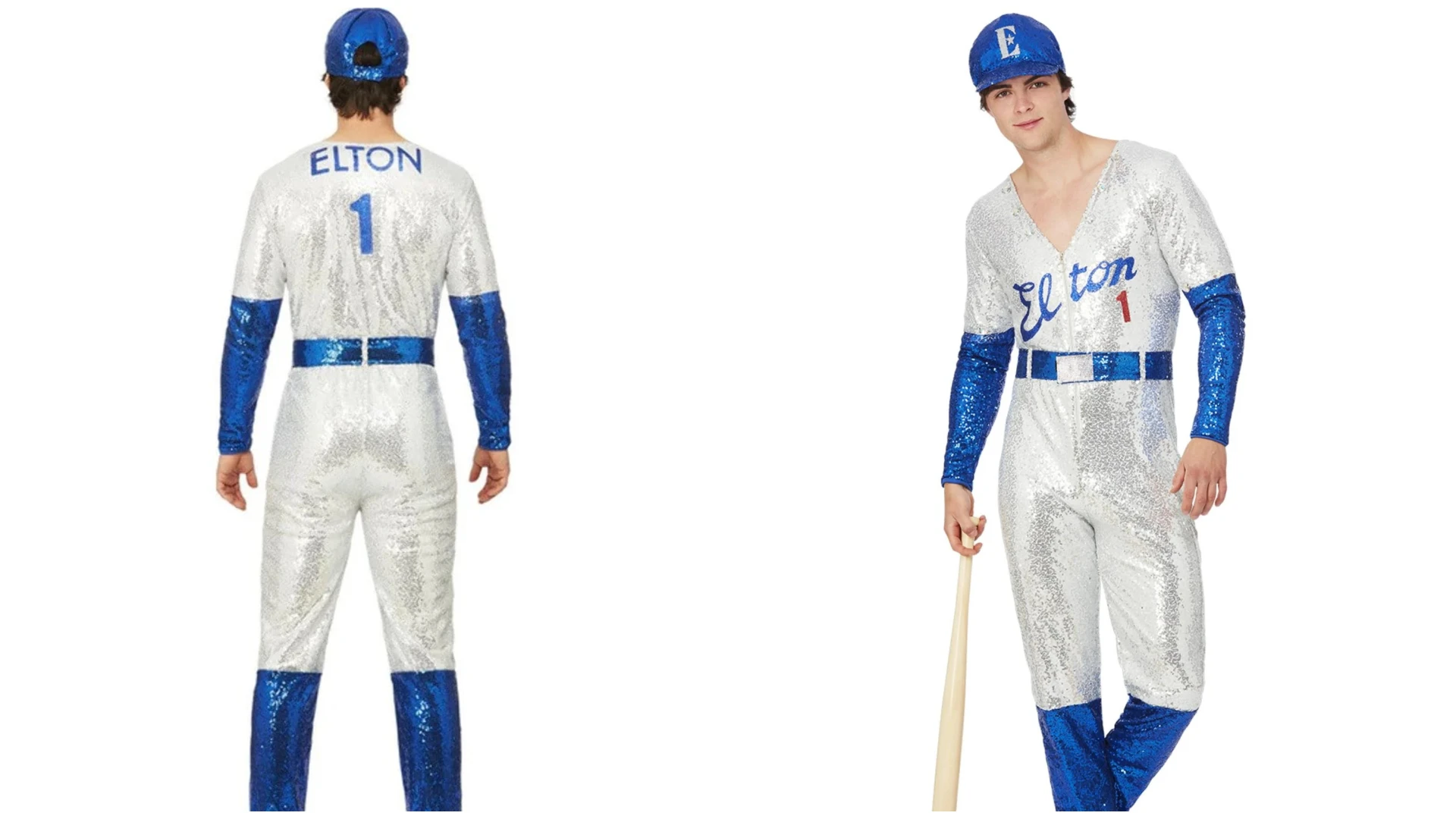 Elton John Sequin Baseball Costume White Blue Jumpsuit Front View