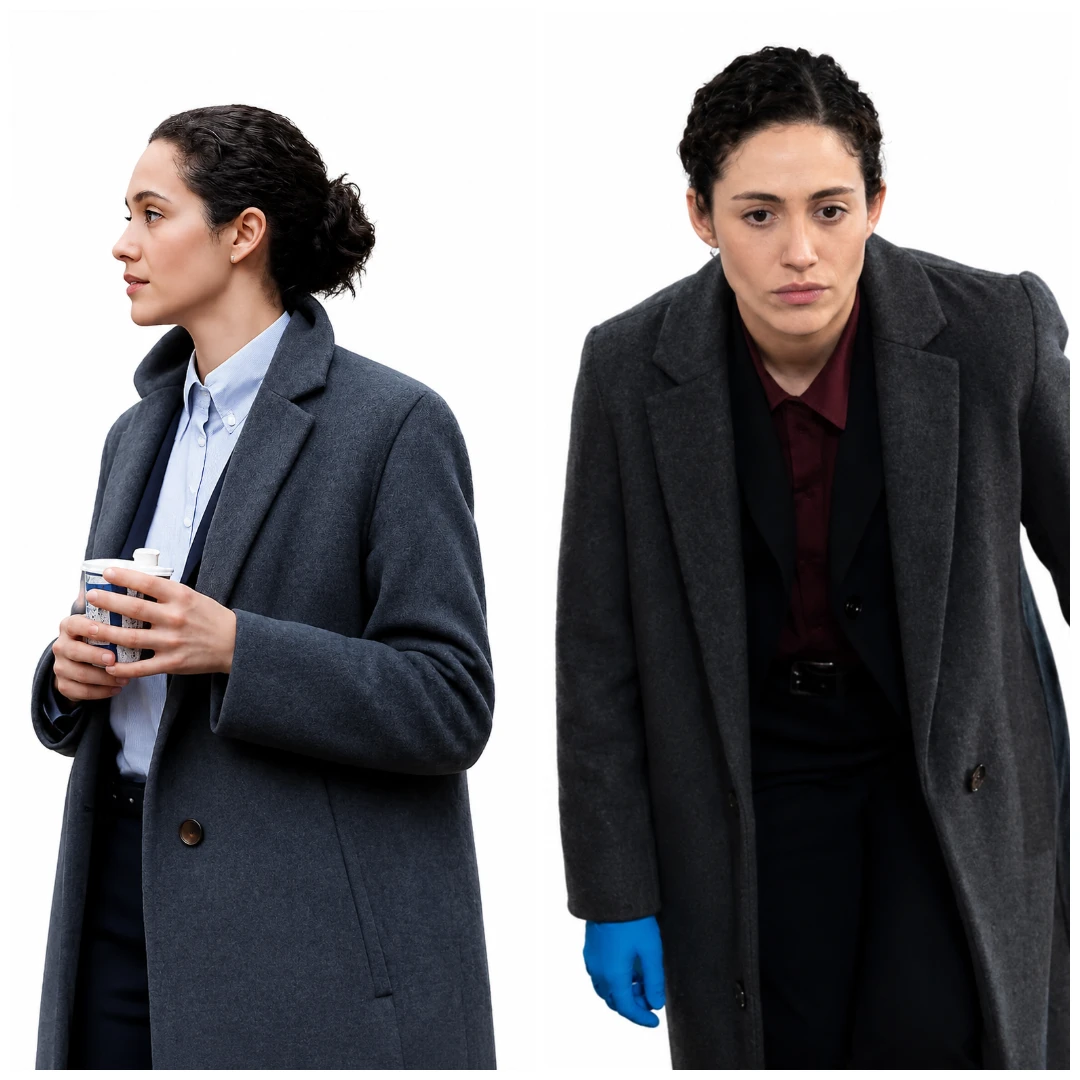 Emmy Rossum wearing the Furious 2026 Grey Wool Coat