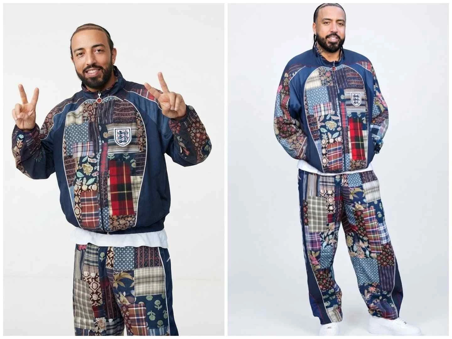 French Montana navy blue patchwork tracksuit jacket and matching trousers