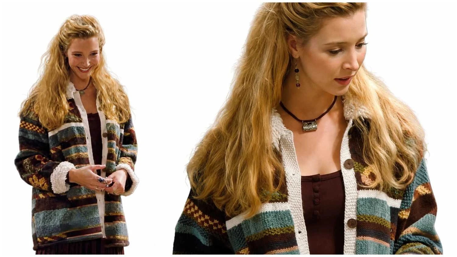 Lisa Kudrow Wearing Phoebe Buffay Multicolor Bohemian Cardigan in Friends