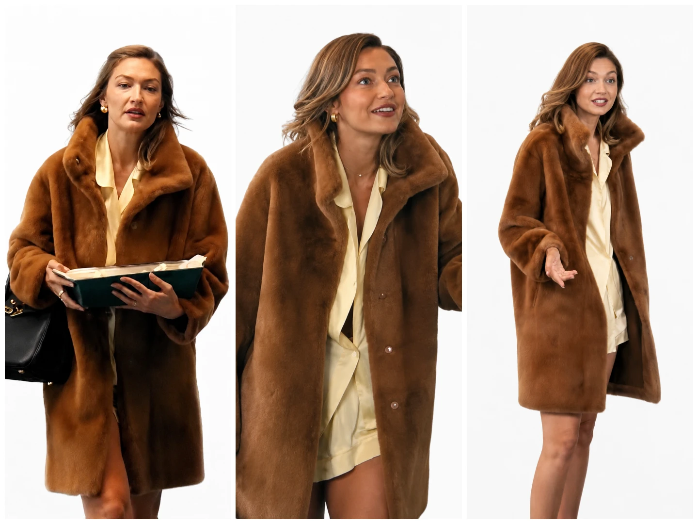 Gigi Hadid wearing brown faux fur coat in Not Suitable for Work TV Series