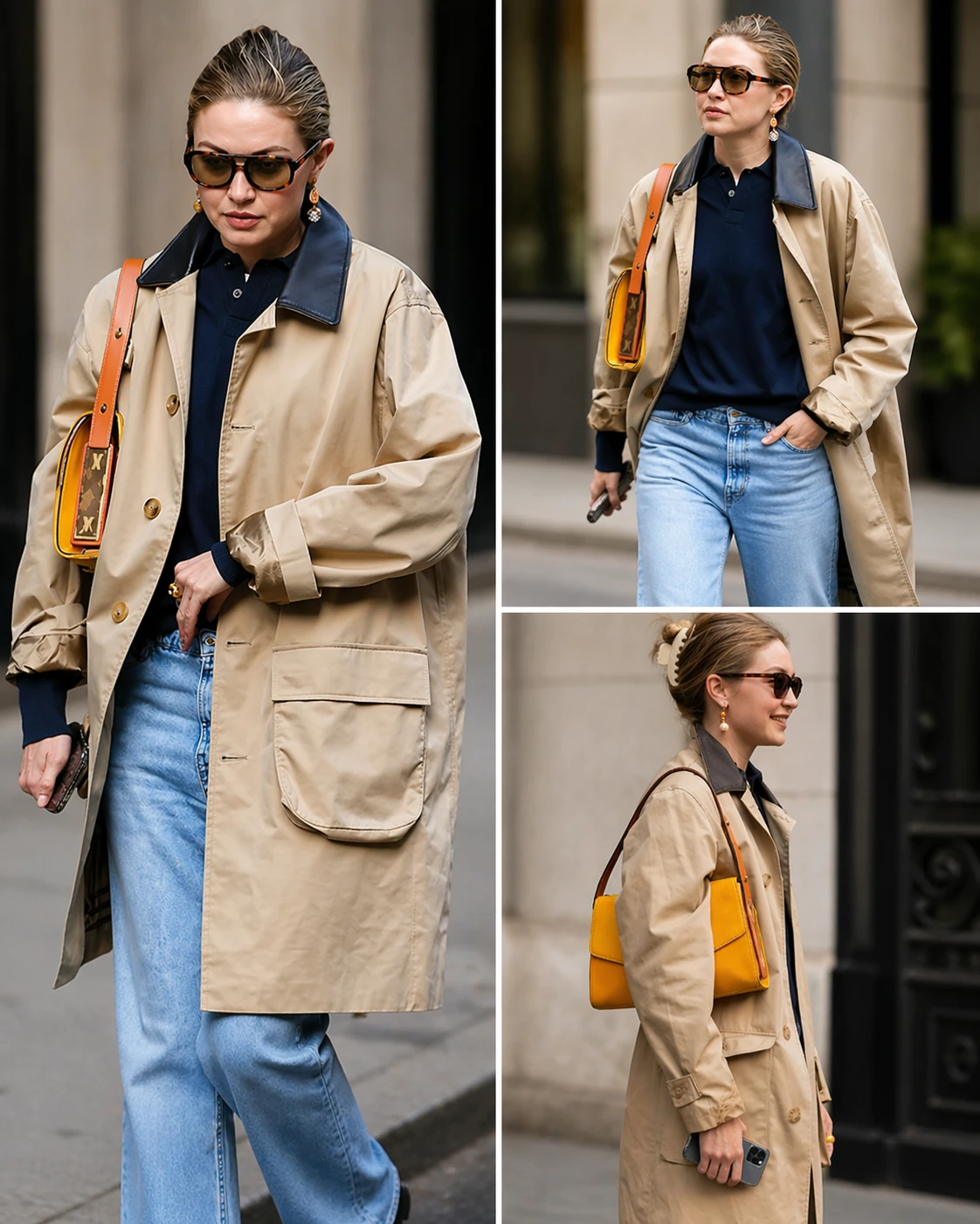 Gigi Hadid wearing beige car coat NYC 2026 leather collar street style
