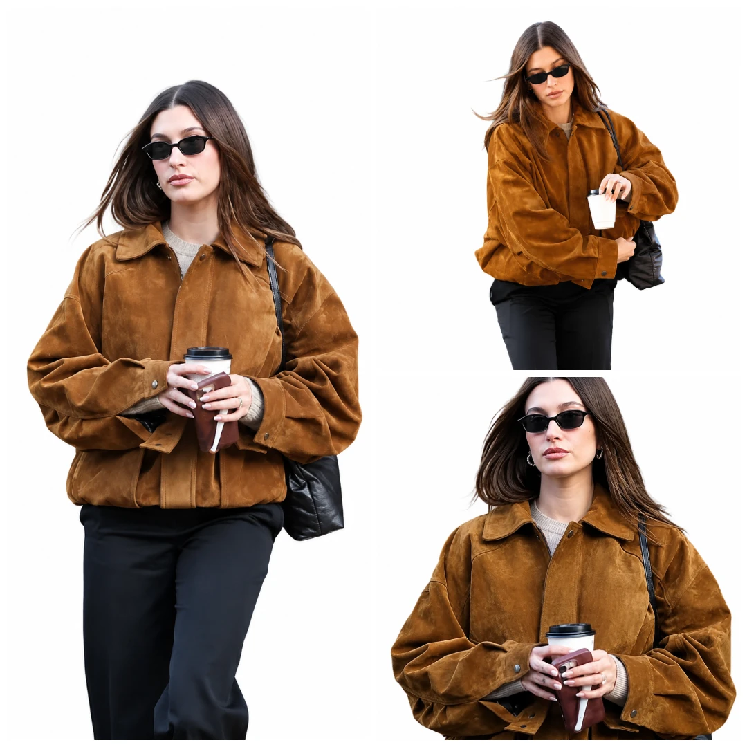 Hailey Bieber Wearing Brown Suede Leather Jacket