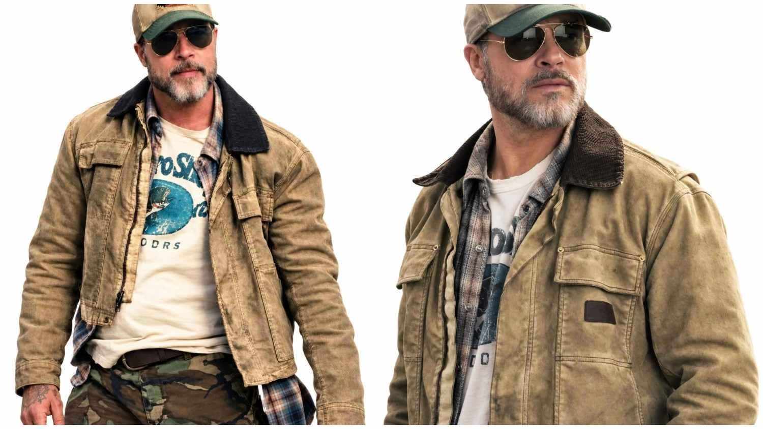 Brad Pitt wearing Heart of the Beast 2026 brown distressed cotton utility jacket