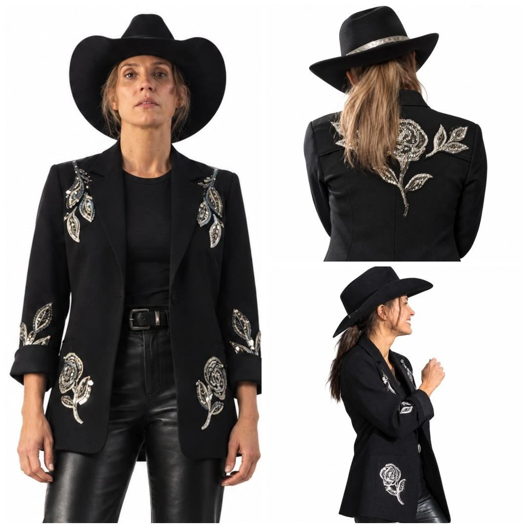 Jessica Chastain Heartland 2026 Black Embroidered Blazer