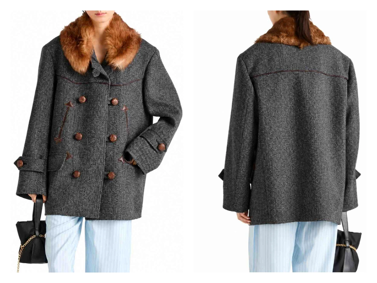 Grey Herringbone Fur Collar Peacoat Front View