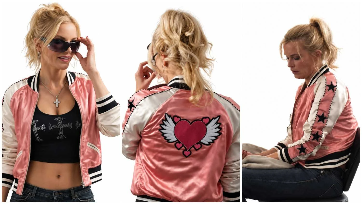 Sylvia Hoeks wearing the pink and cream star varsity jacket from Hurricanna 2026