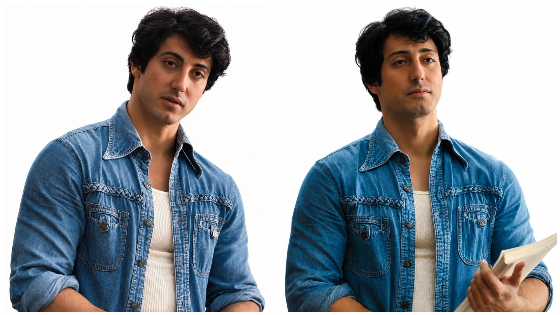 Anthony Ippolito wearing the Blue Denim Shirt in I Play Rocky 2026