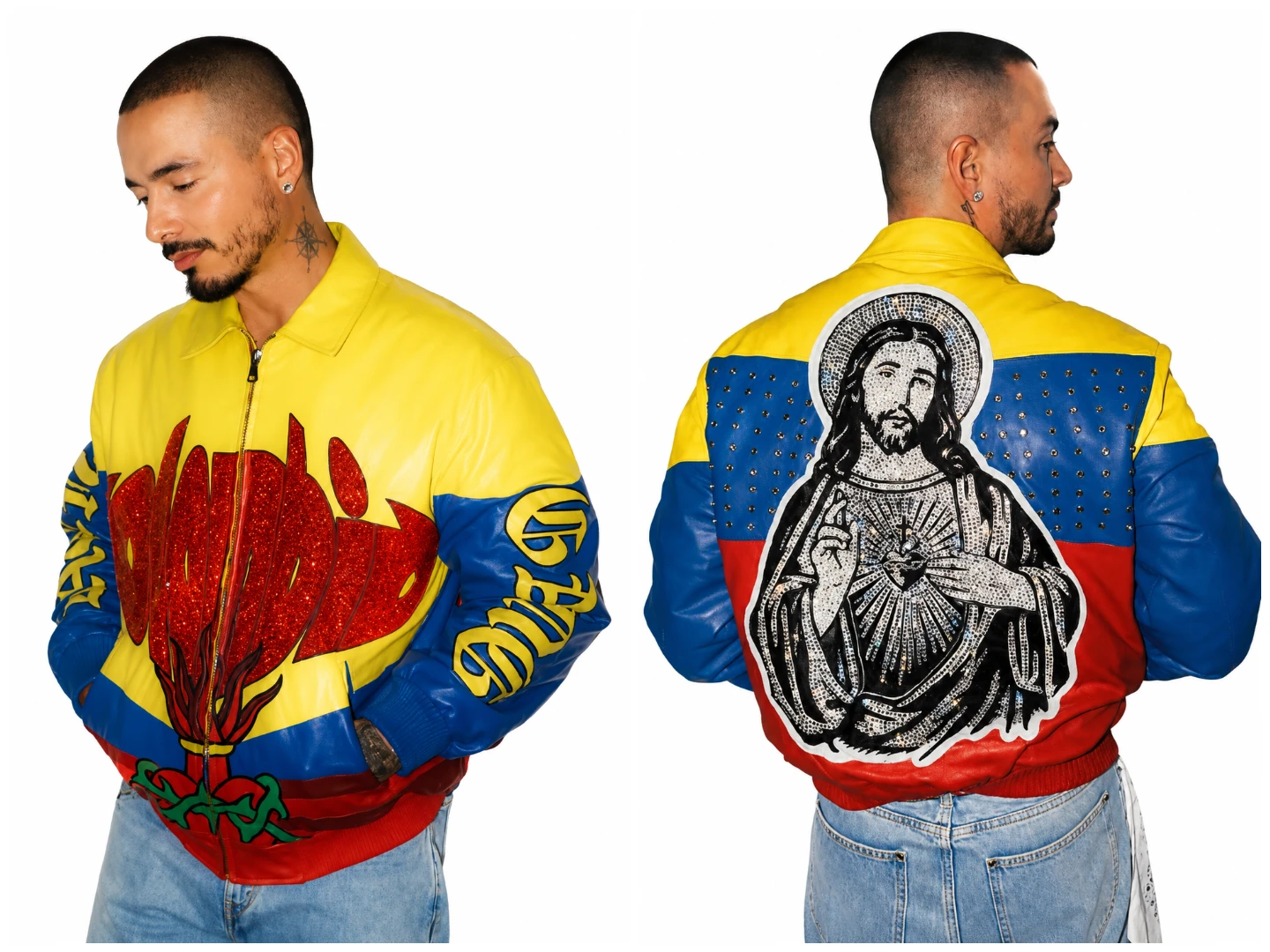 J Balvin 2026 Coachella Colombia Leather Jacket Back Design with Sacred Heart Artwork