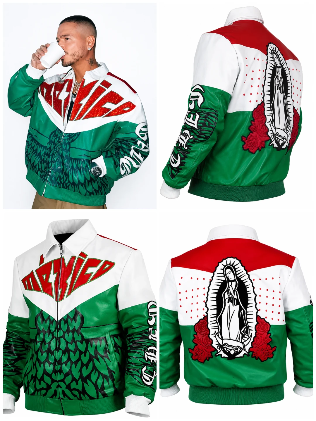 J Balvin Mexico Green White Red Leather Bomber Jacket Front View