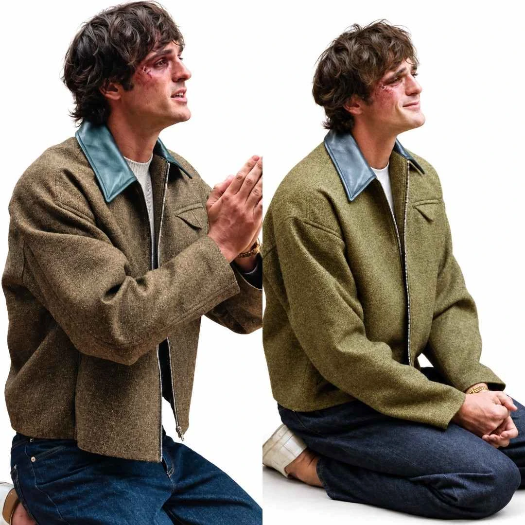Jacob Elordi Olive Green Wool Jacket Kneeling View