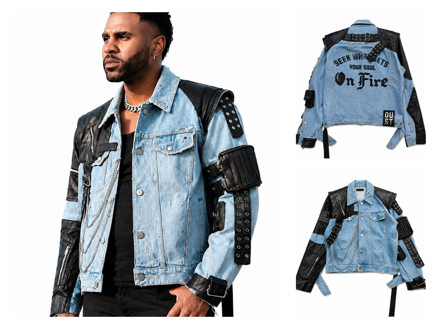 Jason Derulo wearing the Blue Denim and Leather Patchwork Jacket