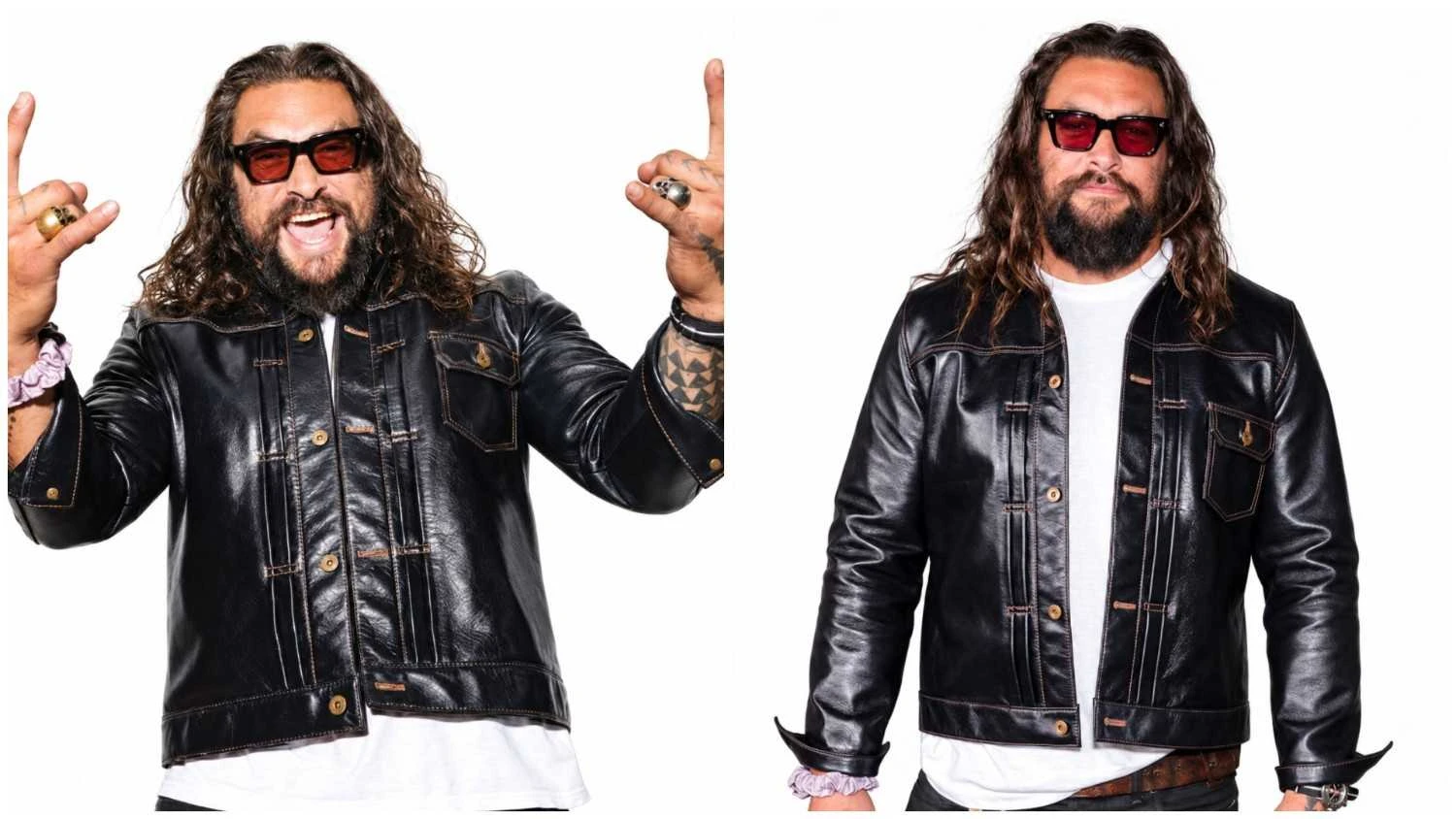 Jason Momoa black leather jacket celebrity style