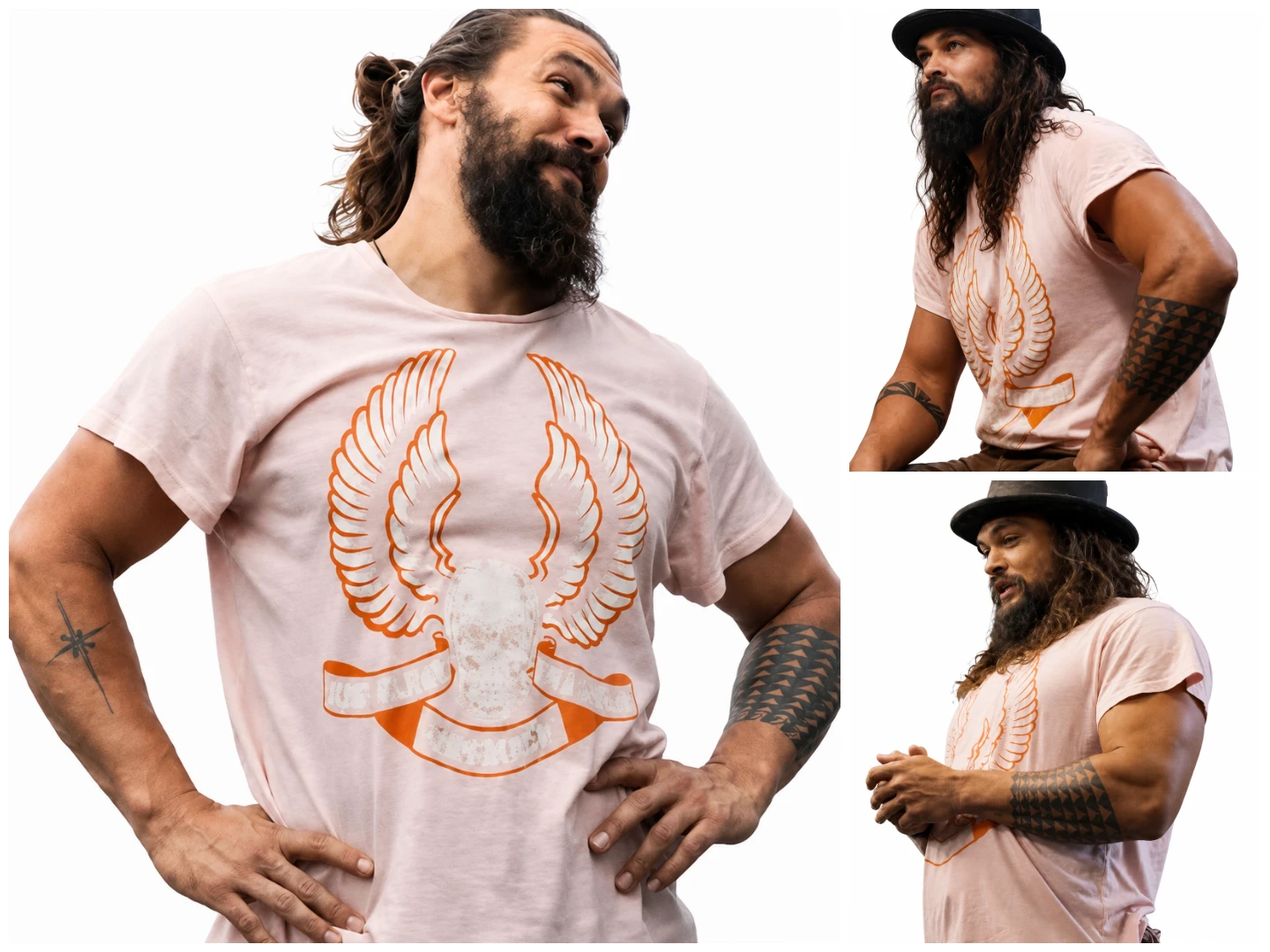 Jason Momoa Wearing Pink Graphic T Shirt