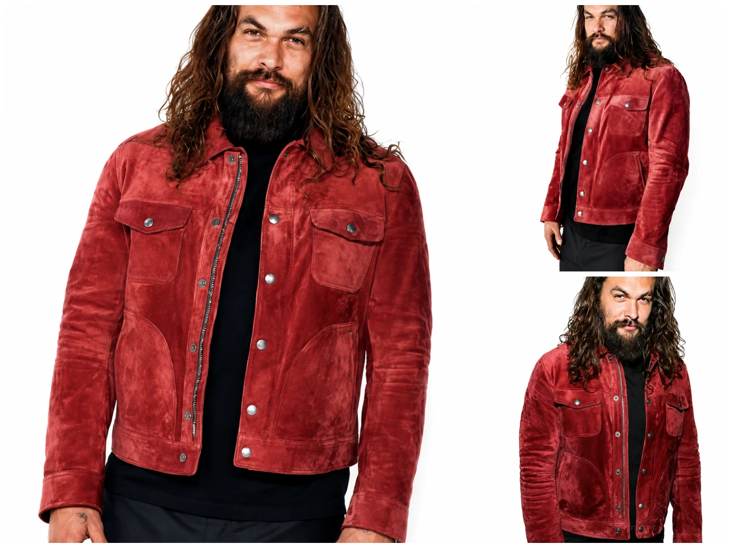 Jason Momoa Red Suede Leather Jacket Front View